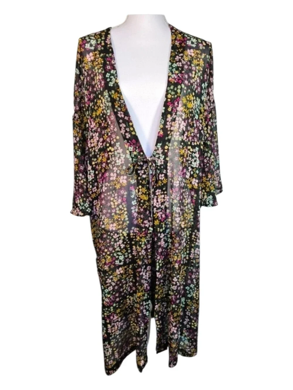 Wild Fable Bohemian Sheer Black Moody Floral Kimono Swim Cover‎ Up One Size